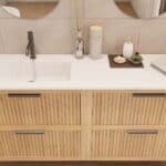 Modern naturel eiken badkamermeubel 120 cm met één lade en mat beige mineraalstenen wastafel