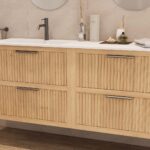 Modern naturel eiken badkamermeubel 120 cm met één lade en mat beige mineraalstenen wastafel