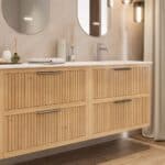 Modern naturel eiken badkamermeubel 120 cm met twee lades en mat beige mineraalstenen wastafel