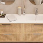 Modern naturel eiken badkamermeubel 120 cm met twee lades en mat beige mineraalstenen wastafel