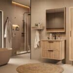 Het Riva badkamermeubel 80 in naturel eiken combineert ambachtelijk vakmanschap met moderne luxe. Gemaakt van massief eiken met ribbelfront, twee softclose lades en een mat beige Mineraalsteen wastafel. De wastafel kan met of zonder kraangaten worden