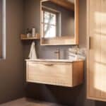 Modern naturel eiken badkamermeubel 100 cm met één lade en mat witte mineraalstenen wastafel