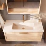 Modern naturel eiken badkamermeubel 100 cm met één lade en mat witte mineraalstenen wastafel