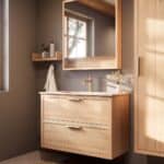 Modern naturel eiken badkamermeubel 100 cm met twee lades en mat witte mineraalstenen wastafel
