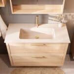 Modern naturel eiken badkamermeubel 100 cm met twee lades en mat witte mineraalstenen wastafel