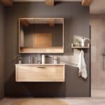 Hangend naturel eiken badkamermeubel 120 cm met één lade en dubbele mat witte mineraalstenen wastafel