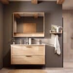 Hangend naturel eiken badkamermeubel 120 cm met twee lades en dubbele mat witte mineraalstenen wastafel