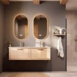 Modern naturel eiken badkamermeubel 140 cm met één lade en mat witte mineraalstenen wastafel