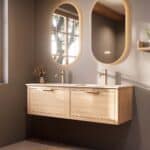Modern naturel eiken badkamermeubel 140 cm met één lade en mat witte mineraalstenen wastafel