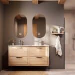 Modern naturel eiken badkamermeubel 140 cm met twee lades en mat witte mineraalstenen wastafel