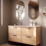 Modern naturel eiken badkamermeubel 140 cm met twee lades en mat witte mineraalstenen wastafel