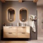 Modern naturel eiken badkamermeubel 160 cm met twee lades en mat witte mineraalstenen wastafel