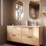 Modern naturel eiken badkamermeubel 160 cm met twee lades en mat witte mineraalstenen wastafel