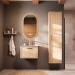 Modern naturel eiken badkamermeubel 60 cm met één lade en mat witte mineraalstenen wastafel
