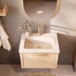 Modern naturel eiken badkamermeubel 60 cm met één lade en mat witte mineraalstenen wastafel