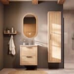 Modern naturel eiken badkamermeubel 60 cm met twee lades en mat witte mineraalstenen wastafel