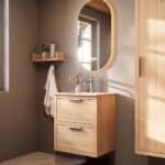 Modern naturel eiken badkamermeubel 60 cm met twee lades en mat witte mineraalstenen wastafel