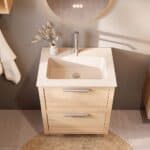 Modern naturel eiken badkamermeubel 60 cm met twee lades en mat witte mineraalstenen wastafel