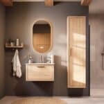 Modern naturel eiken badkamermeubel 70 cm met één lade en mat witte mineraalstenen wastafel