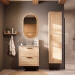 Modern naturel eiken badkamermeubel 70 cm met twee lades en mat witte mineraalstenen wastafel