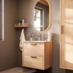 Modern naturel eiken badkamermeubel 70 cm met twee lades en mat witte mineraalstenen wastafel