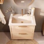 Modern naturel eiken badkamermeubel 70 cm met twee lades en mat witte mineraalstenen wastafel