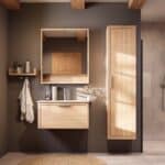 Modern naturel eiken badkamermeubel 80 cm met één lade en mat witte mineraalstenen wastafel