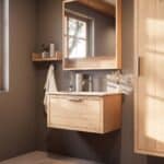 Modern naturel eiken badkamermeubel 80 cm met één lade en mat witte mineraalstenen wastafel