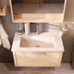 Modern naturel eiken badkamermeubel 80 cm met één lade en mat witte mineraalstenen wastafel