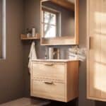 Modern naturel eiken badkamermeubel 80 cm met twee lades en mat witte mineraalstenen wastafel