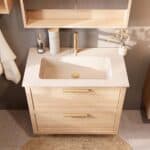 Modern naturel eiken badkamermeubel 80 cm met twee lades en mat witte mineraalstenen wastafel