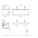 Rond donker eiken wastafelmeubel 120 cm met groevenfront en dubbele mat witte solid surface wastafel