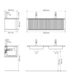 Rond donker eiken badkamermeubel 140 cm met groevenfront en dubbele mat witte solid surface wastafel