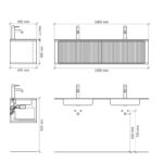 Rond hangend donker eiken badkamermeubel 160 cm met groevenfront en dubbele mat witte solid surface wastafel