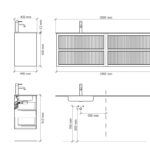 Hangend donker eiken badkamermeubel 160 cm met één lade en dubbele mat witte mineraalstenen wastafel