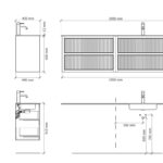 Hangend donker eiken badkamermeubel 160 cm met twee lades en dubbele mat witte mineraalstenen wastafel