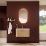 Rond hangend naturel eiken badkamermeubel 80 cm met groevenfront en mat witte solid surface wastafel