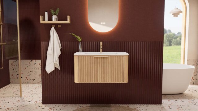 Rond hangend naturel eiken badkamermeubel 80 cm met groevenfront en mat witte solid surface wastafel
