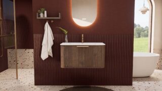 Rond hangend donker eiken badkamermeubel 80 cm met groevenfront en mat witte solid surface wastafel