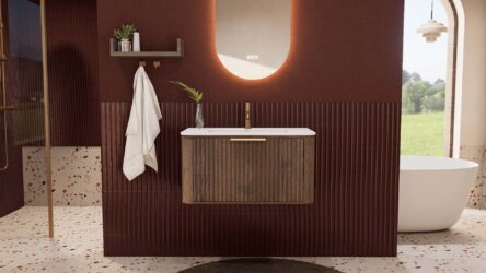 Rond hangend donker eiken badkamermeubel 80 cm met groevenfront en mat witte solid surface wastafel