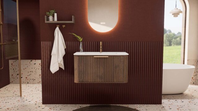 Rond hangend donker eiken badkamermeubel 80 cm met groevenfront en mat witte solid surface wastafel