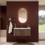 Rond donker eiken badkamermeubel 100 cm met groevenfront en mat witte solid surface wastafel