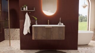 Rond donker eiken badkamermeubel 100 cm met groevenfront en mat witte solid surface wastafel