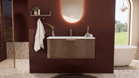 Rond donker eiken badkamermeubel 100 cm met groevenfront en mat witte solid surface wastafel