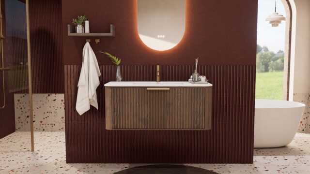 Rond donker eiken badkamermeubel 100 cm met groevenfront en mat witte solid surface wastafel