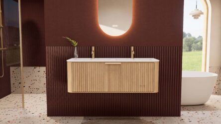 Rond naturel eiken badkamermeubel 120 cm met groevenfront en dubbele mat witte solid surface wastafel