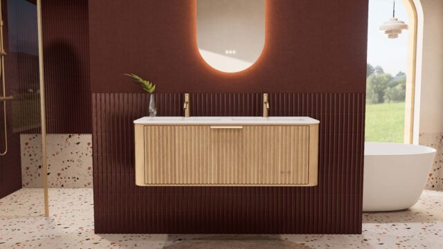 Rond naturel eiken badkamermeubel 120 cm met groevenfront en dubbele mat witte solid surface wastafel