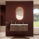 Rond donker eiken wastafelmeubel 120 cm met groevenfront en dubbele mat witte solid surface wastafel