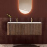 Rond donker eiken wastafelmeubel 120 cm met groevenfront en dubbele mat witte solid surface wastafel