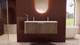 Rond donker eiken wastafelmeubel 120 cm met groevenfront en dubbele mat witte solid surface wastafel